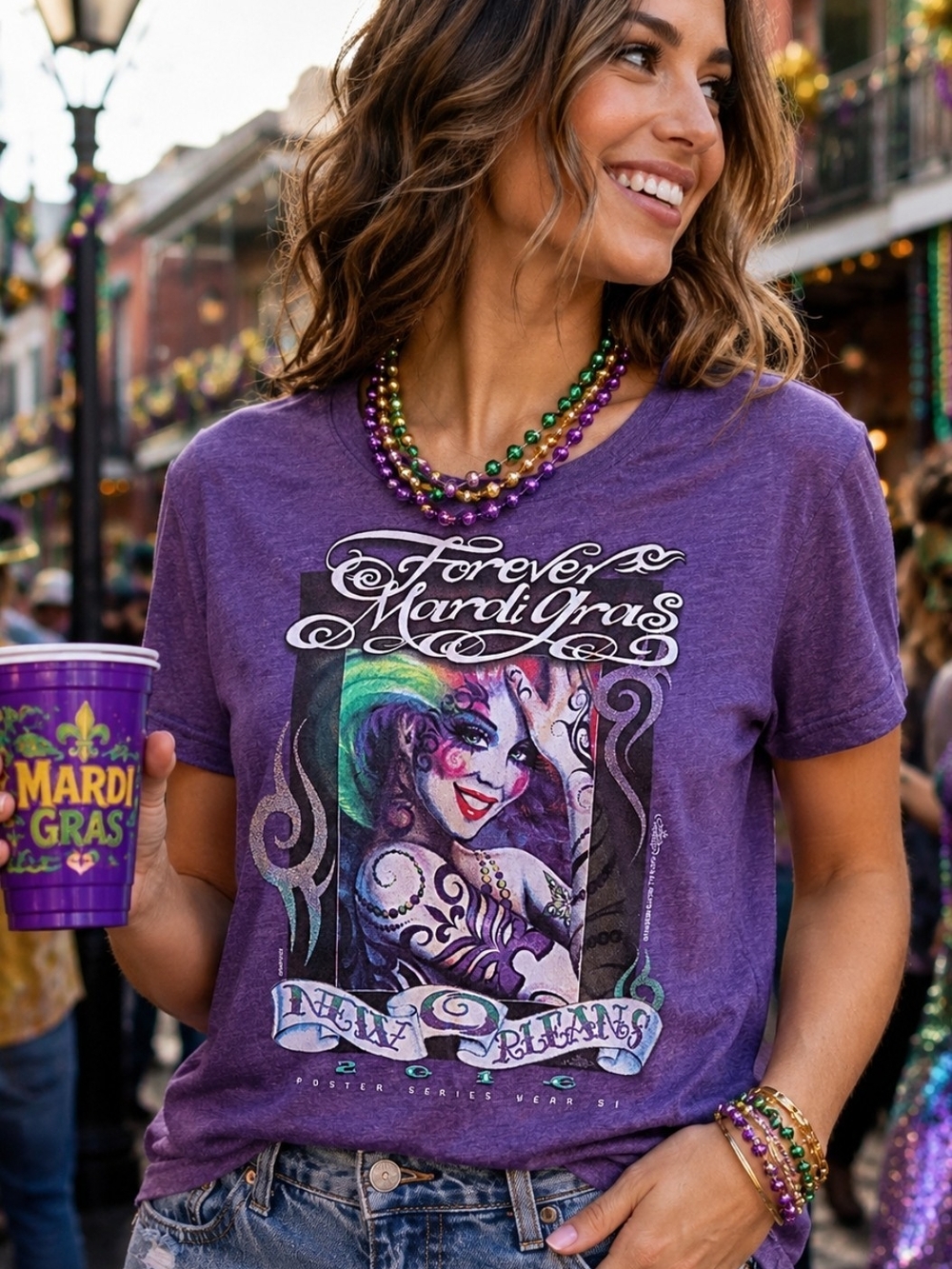 2016 Forever Mardi Gras New Orleans Graphic Tee Purple Women's Large Festival